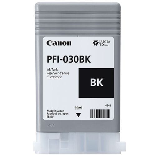 The canon pfi 030bk black ink cartridge from the front with label displayed