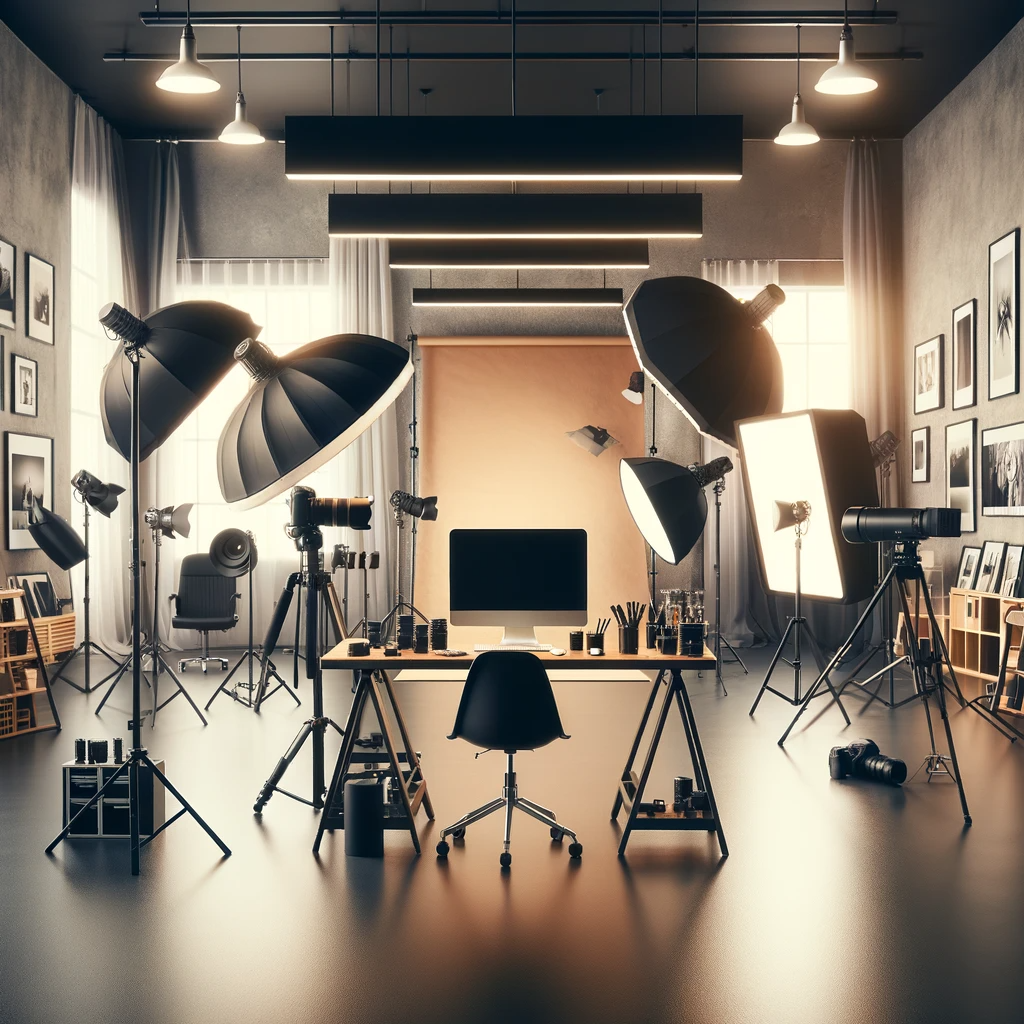 An empty photographic studio, with no people present. The studio is equipped with professional photography gear like tripods, lighting equipment, soft