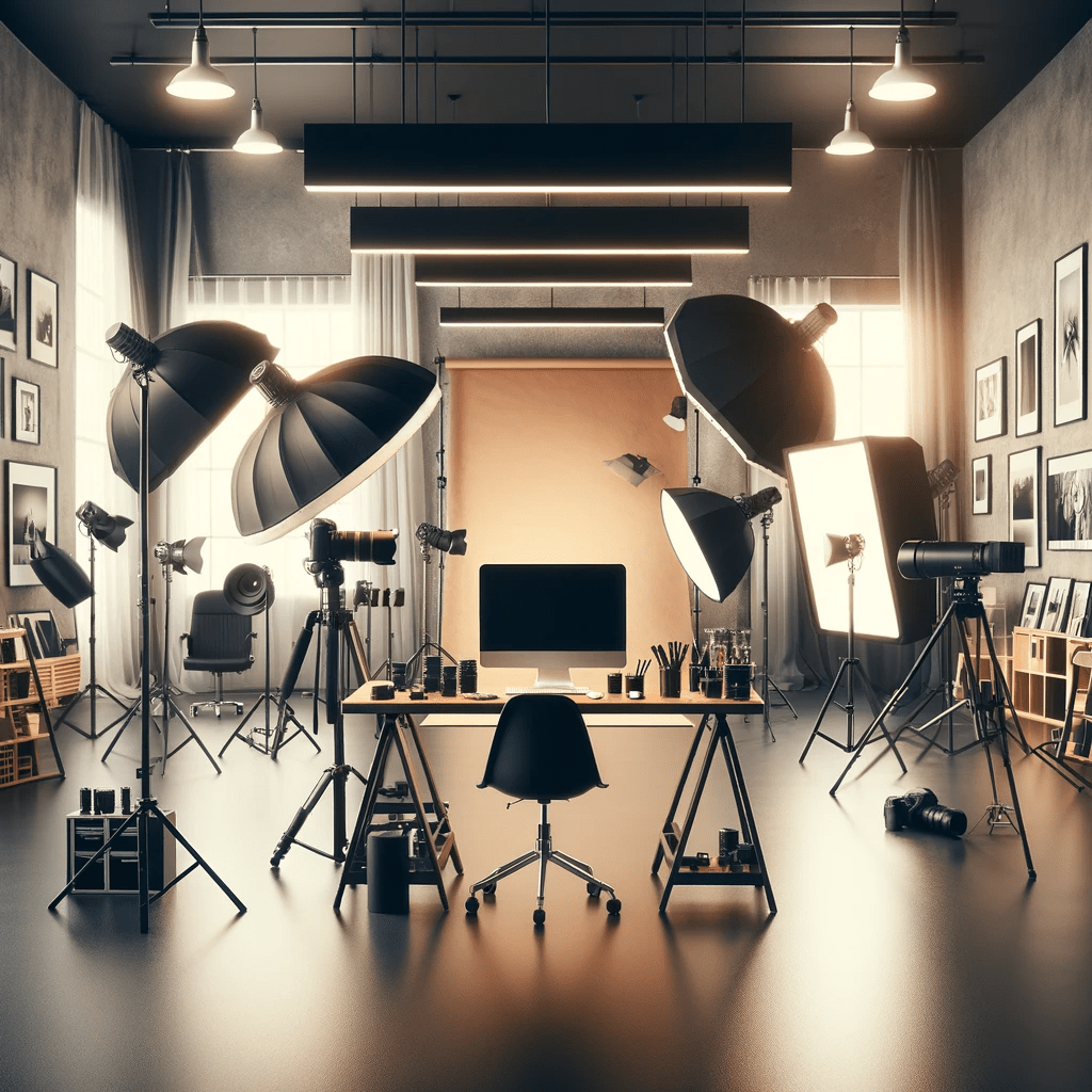 An empty photographic studio, with no people present. The studio is equipped with professional photography gear like tripods, lighting equipment, soft