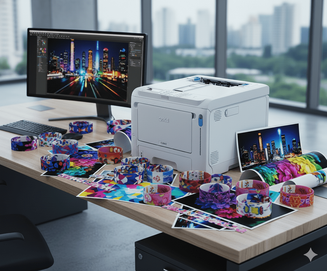 OKI C650 On a desk with colourful prints and wristbands